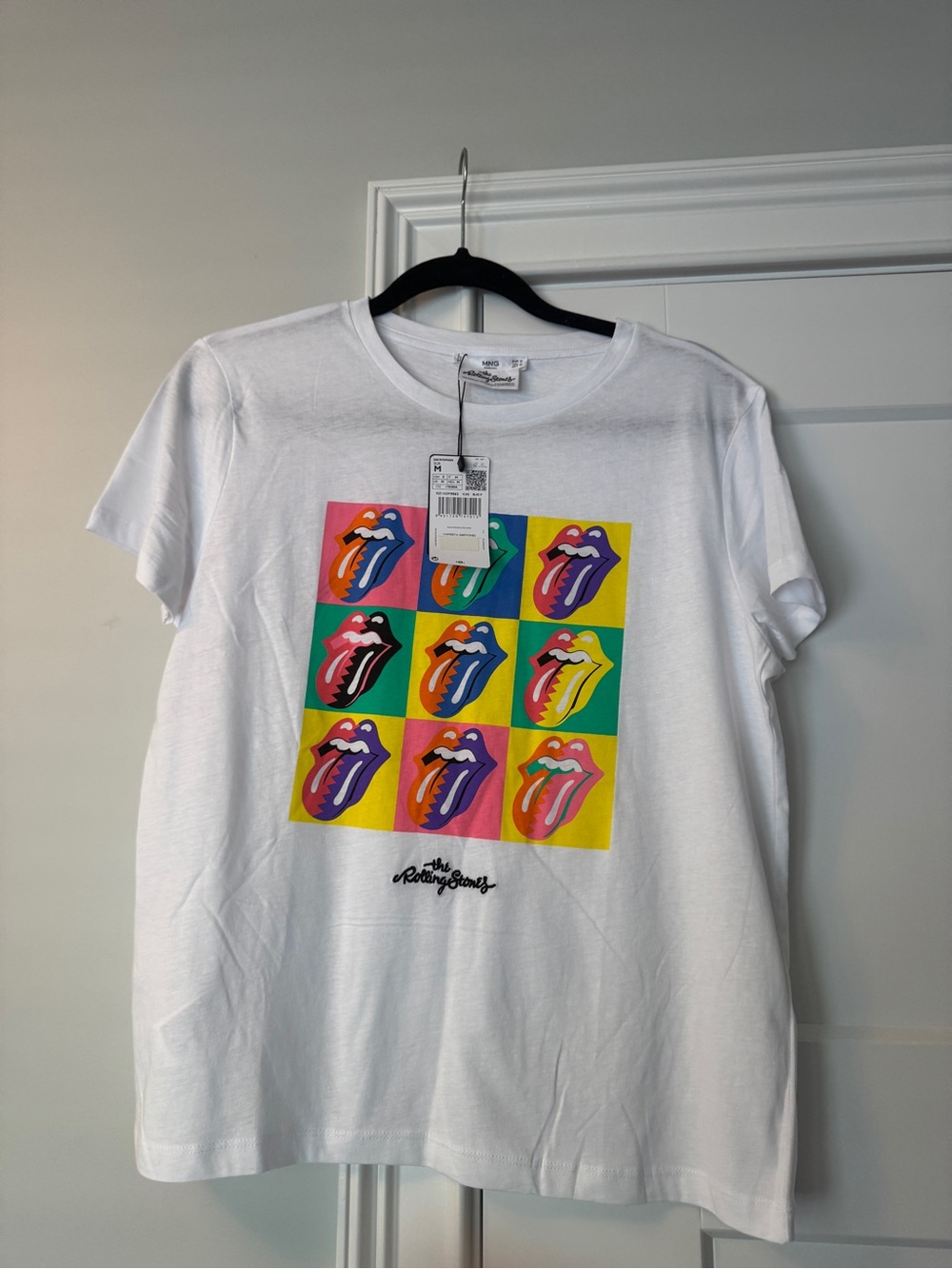 Mango White Short Sleeve Tee with Multicolor Pop Art Rolling Stones Album cover